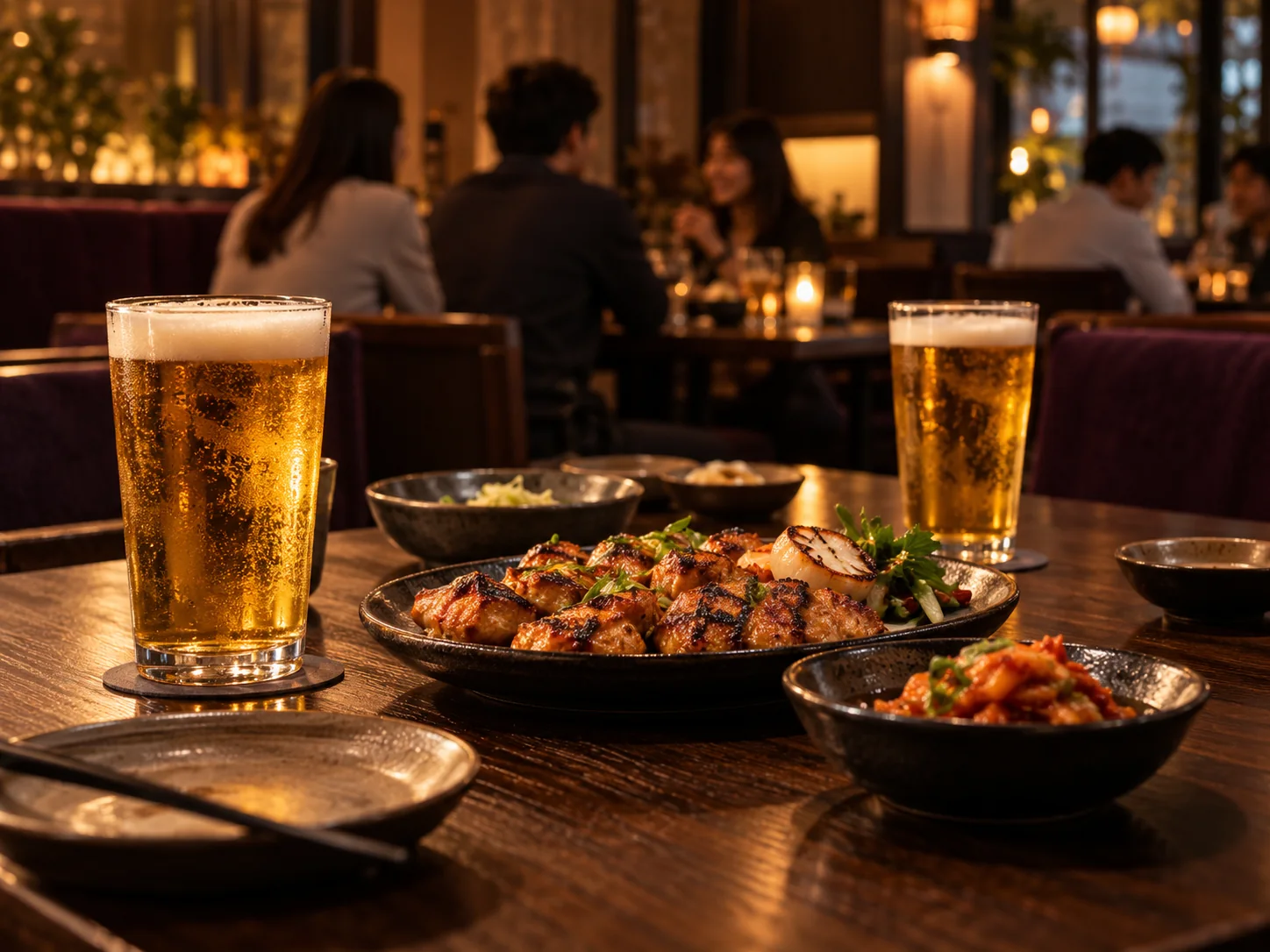 저녁 주점 테이블에 놓인 생맥주와 안주